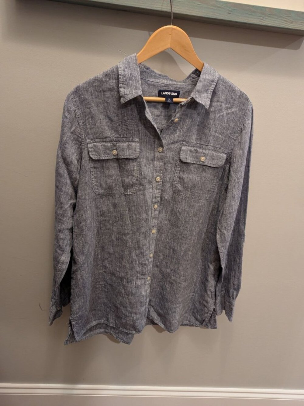 Lands End heathered navy 100% linen shirt blouse